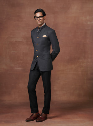 Solid Color Polyester Jodhpuri Suit in Black : MNB707